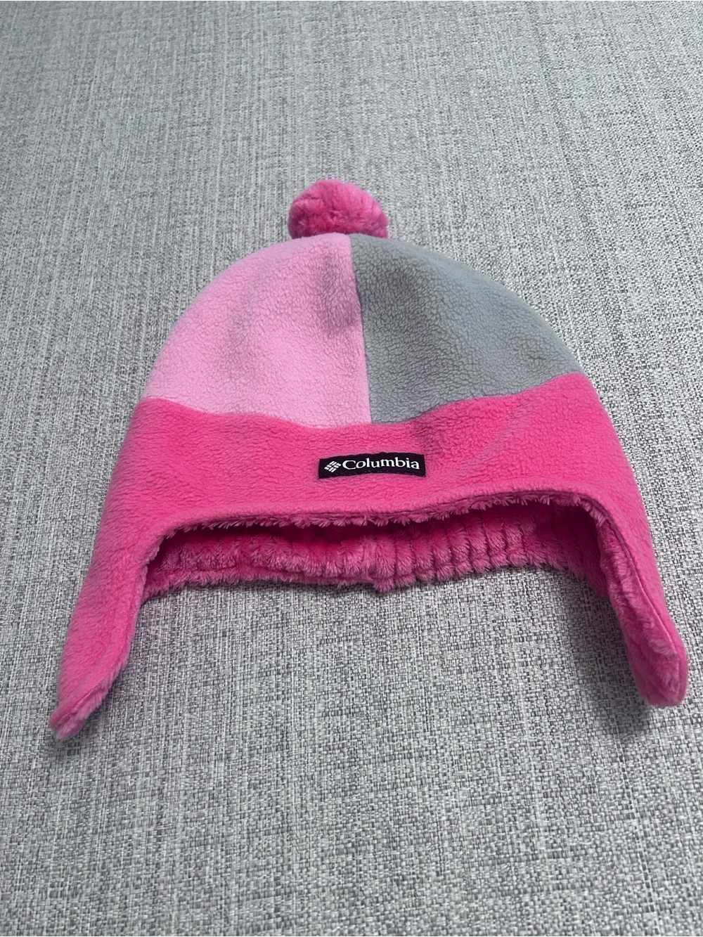 Columbia Kids' Pink & Gray Trapper Fleece Pom Beanie. Size L/XL